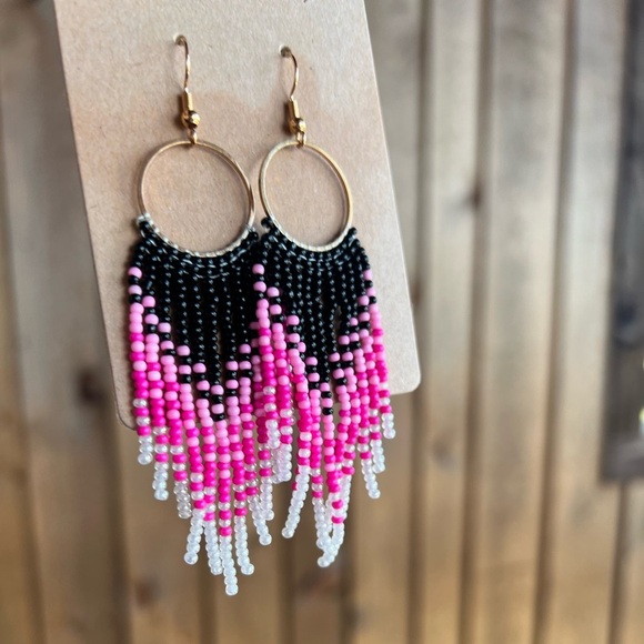 New Pink White Black Hand Beaded tassel boho western tribal earring jewelry gift - Picture 5 of 10